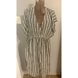 Charcoal Grey White Striped V-Neck Midi Dress Elastic Waist Rayon XL SU2302001